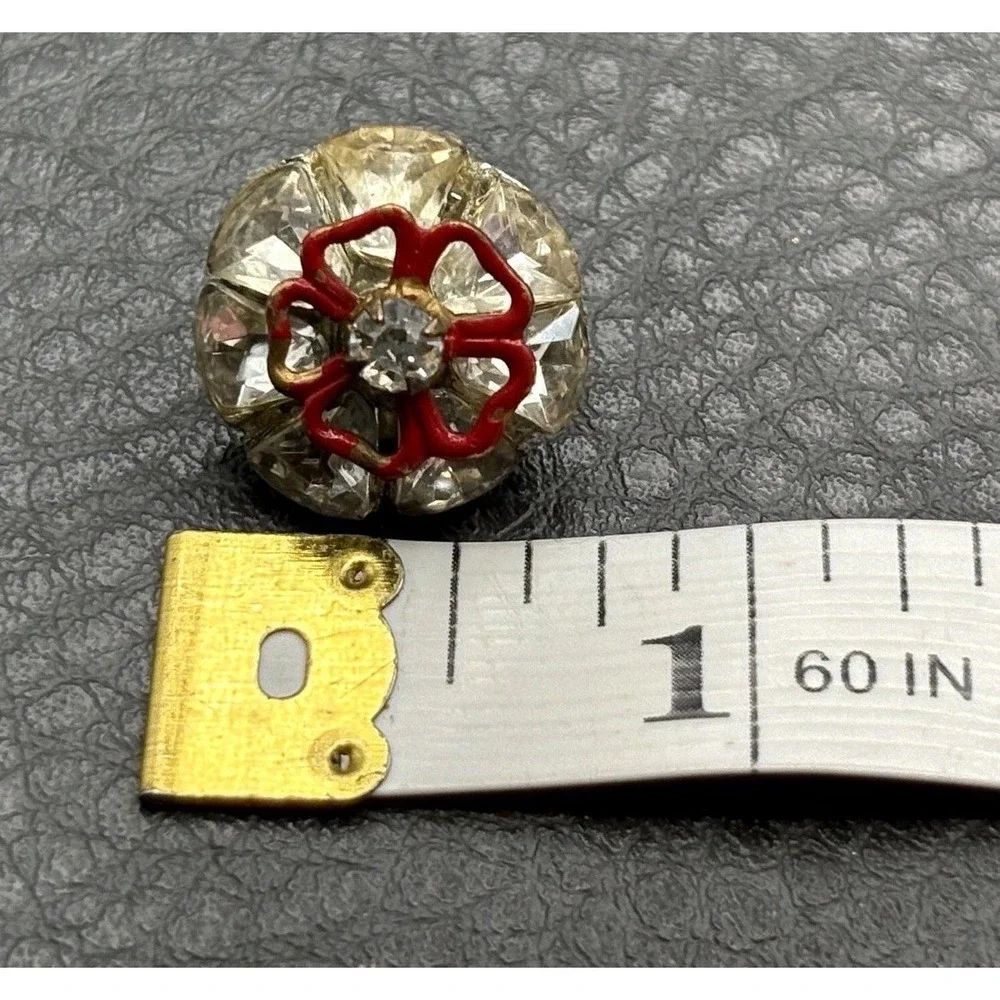 Vintage Art Deco Pot Metal Keystone Rhinestone Crystal Red Enamel Flower Button